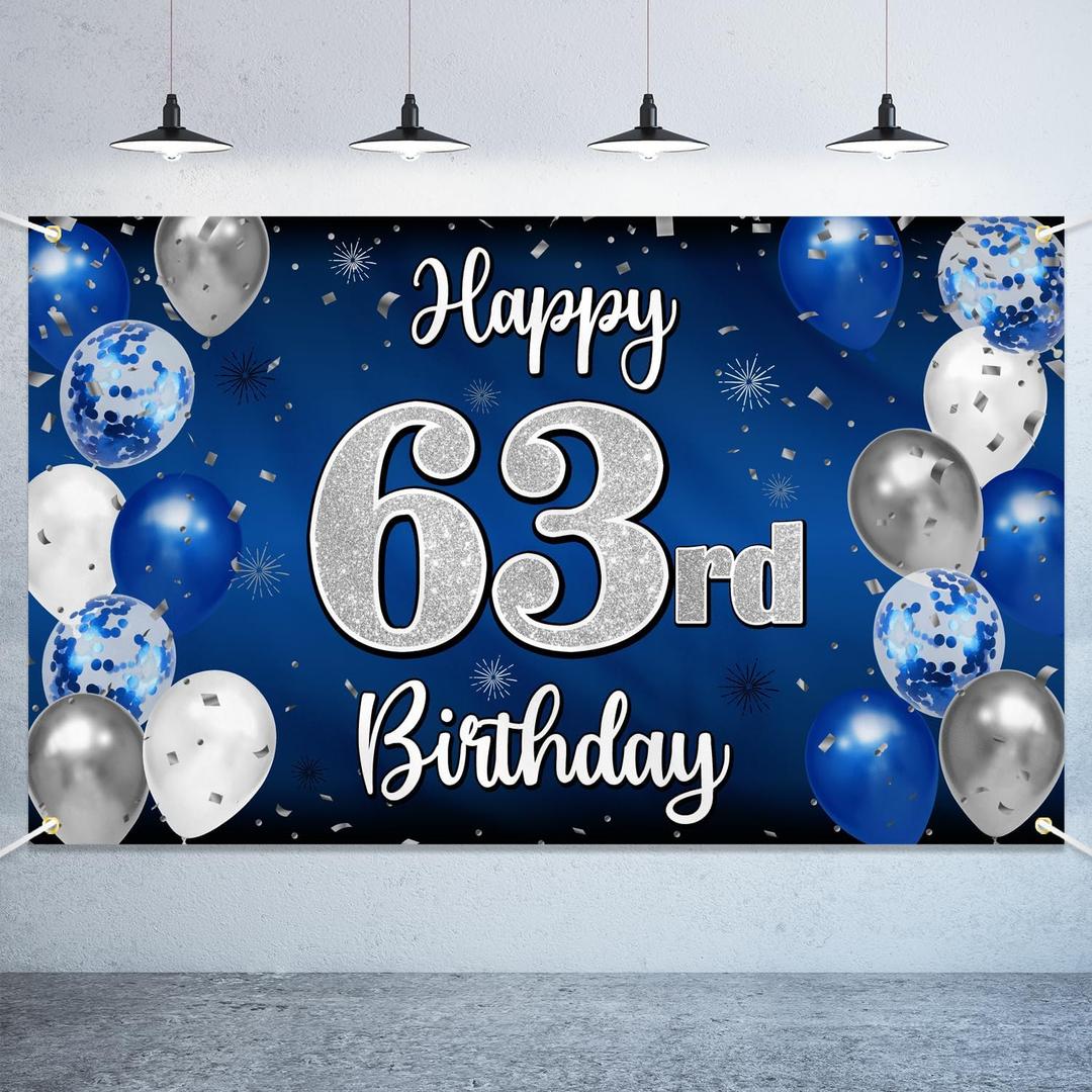 Happy 63rd Birthday Decorations,63rd Blue & Silver Balloon Large Birthday Banner Backdrop Sign,Cheers to 63 Years Old Bday Party Supplies.