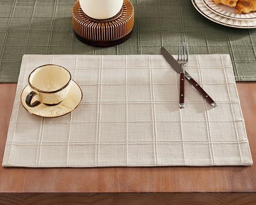 ZeeMart Linen Checked Placemats Set of 4, Plaid Embroidery Textured Table Mats, Double Layer Thick Farmhouse Rustic Place Mats for Kitchen Dining Table Home Decor, Beige 13x19 Inch