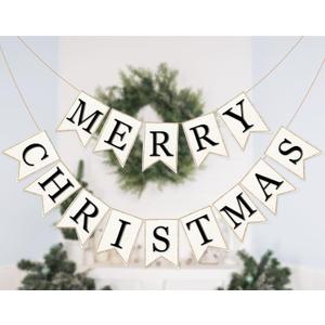 Whaline 2Pcs Christmas Burlap Banner Felt Merry Christmas Banner Black White Pre-Assembled Xmas Bunting Garland for Home Party Hanging Decoration Supplies