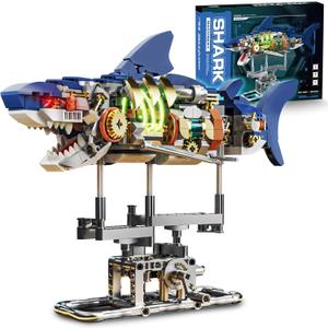 Mechanical Shark Animal Building Block Set for Boys Age 8-12, Compatible with Lego Shark, Movable Sea Animal with Display Stand for Home/Office Decor, Christmas Birthday Toy Gifts for Adults