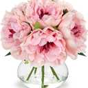Hollyone Light Pink Peonies Artificial Flowers with Vase Faux Flowers Peony Fake Flowers Silk Flower Arrangements in Glass Vase with Faux Water for Bathroom Table Centerpiece Shelf Home Decor