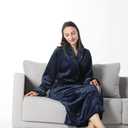 Robes for Women Plush Fleece Bath Robe Shawl Collar Long Robe Nightgown (Medium, Navy)