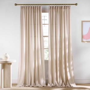 NICETOWN Semi Sheer Light Filtering 102 inches Long Curtains, Back Tab/Rod Pocket with Pleat Tape Thick Linen Privacy Added Window Treatments for Bedroom, Angora, W52 x L102, 2 Panels