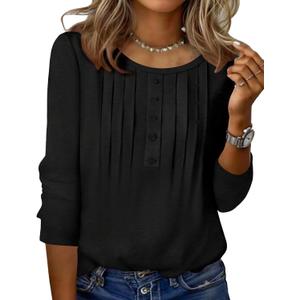 Zeagoo 3/4 Length Sleeve Womens Tops Round Neck Casual Summer Tunic Tops Basic Tees Blouses Dressy T-Shirts Pleated Shirts (Black, XXL)