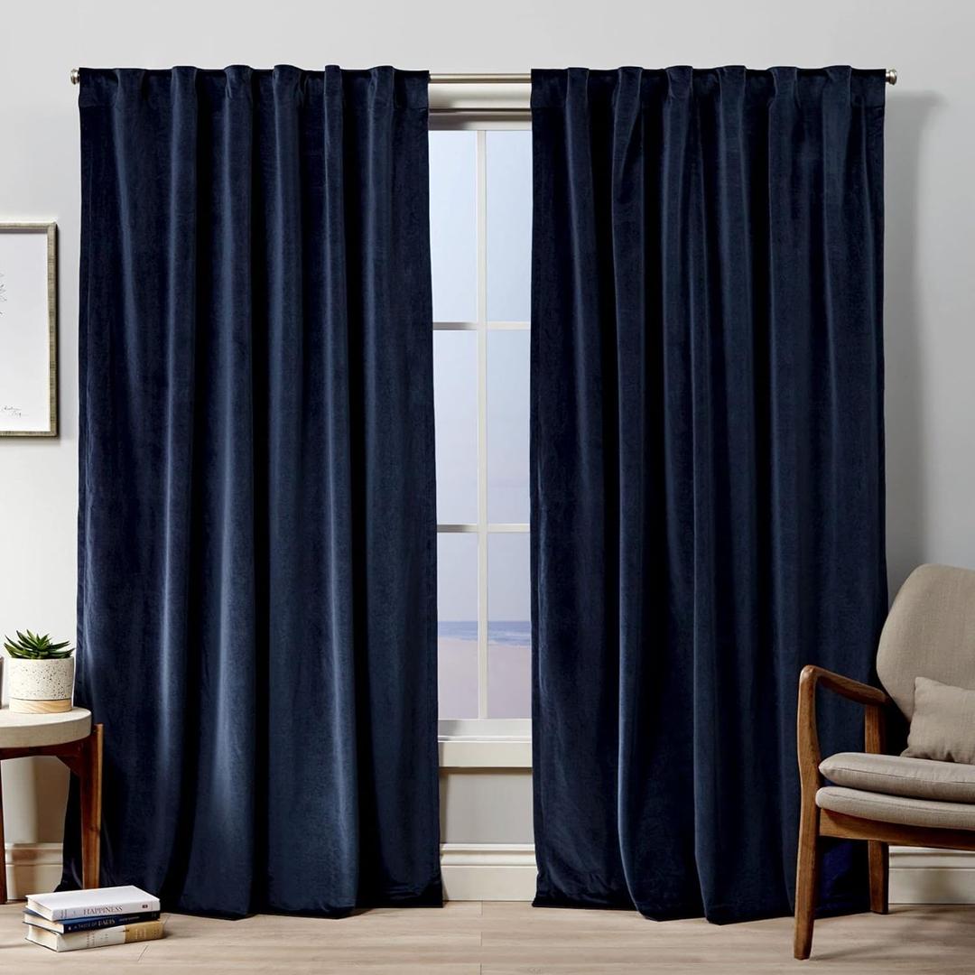 EXCLUSIVE HOME Velvet Heavyweight Light Filtering Hidden Tab Top Curtain Panel Pair, 52"x84", Navy