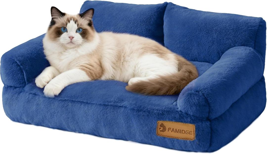 FAMIDGE Plush Cat Couch Bed - Cat Bed for Indoor Cats, Dog Sofa Bed, Short Rabbit Fleece Calming Pet Couch with Removable Cover, Anti-Shedding Pet Sofa for Small/Medium Pets (261812in, Navy Blue)