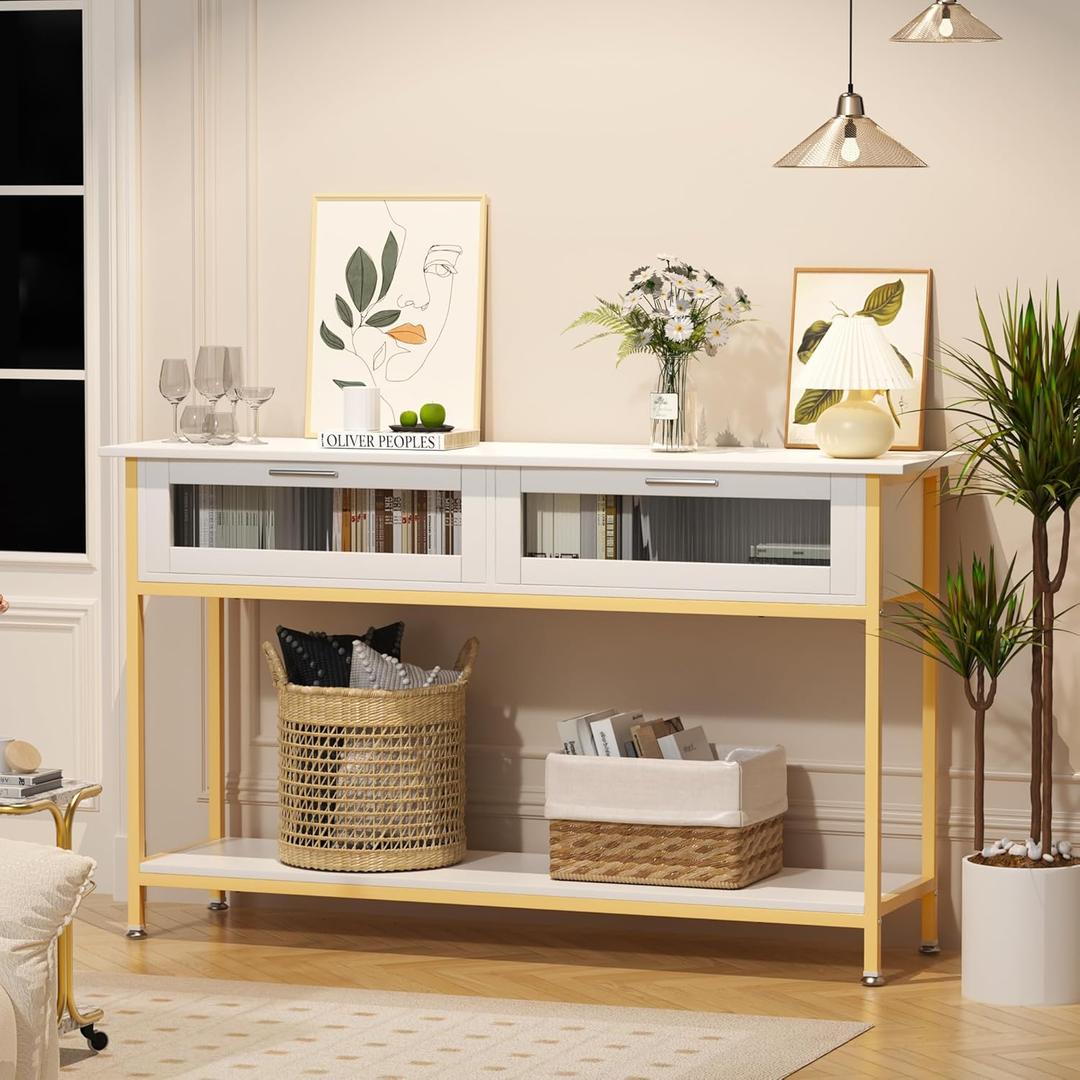Aetheris 47" Console Table with 2 Drawers, 2 Tier Sofa Table with Storage,Entryway Table, Industrial Console Table for Entryway, Sofa Table Behind Couch for Living Room (White)