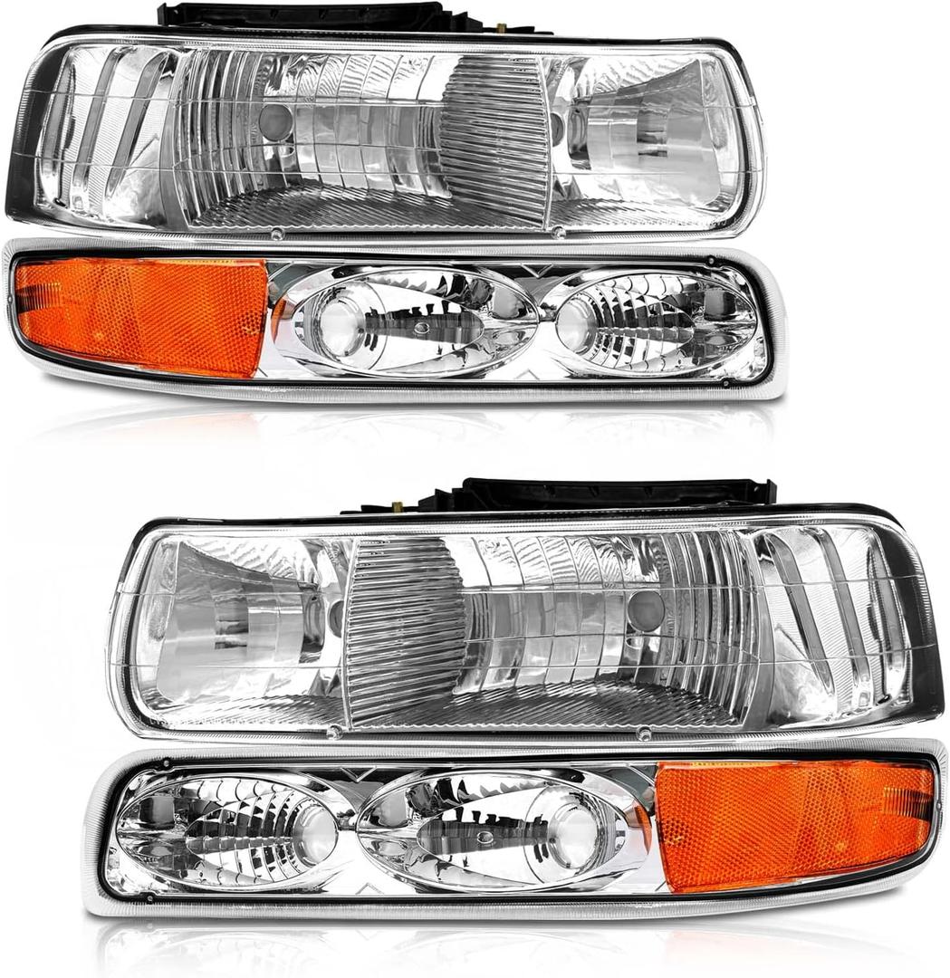 Headlights Assembly for 1999-2002 Chevy Silverado 1500 2500/2001 2002 Chevrolet Silverado 1500HD 2500HD 3500/2000-2006 Tahoe Suburban 1500 2500 Chrome Housing with Bumper Light LH+RH