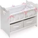 Badger Basket Wooden Doll Bed with Bed Liner, Pillows and Two Storage Baskets - Fits 18" Dolls - Ideal for Pretend Play and Baby Doll Fun - White/Rose Design with Free Personalization Kit, 20