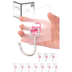Antimbee 10-Pack Large Adhesive Hooks, Wreath Hangers, Heavy Duty Adhesive Hooks 37 lb(Max), Sticky Wall Hook fit Home, Bathroom, Kitchen, Office and Outdoor (Transparent Pink)