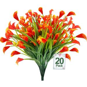 TURNMEON 20 Bundles Calla Lily (400 Heads) Artificial Flowers for Outdoors UV Resistant, Fake Faux Plastic Fake Flowers Plants for Indoor Yards Planter Home Porch Fall Summer Spring Decor(Orange Red)