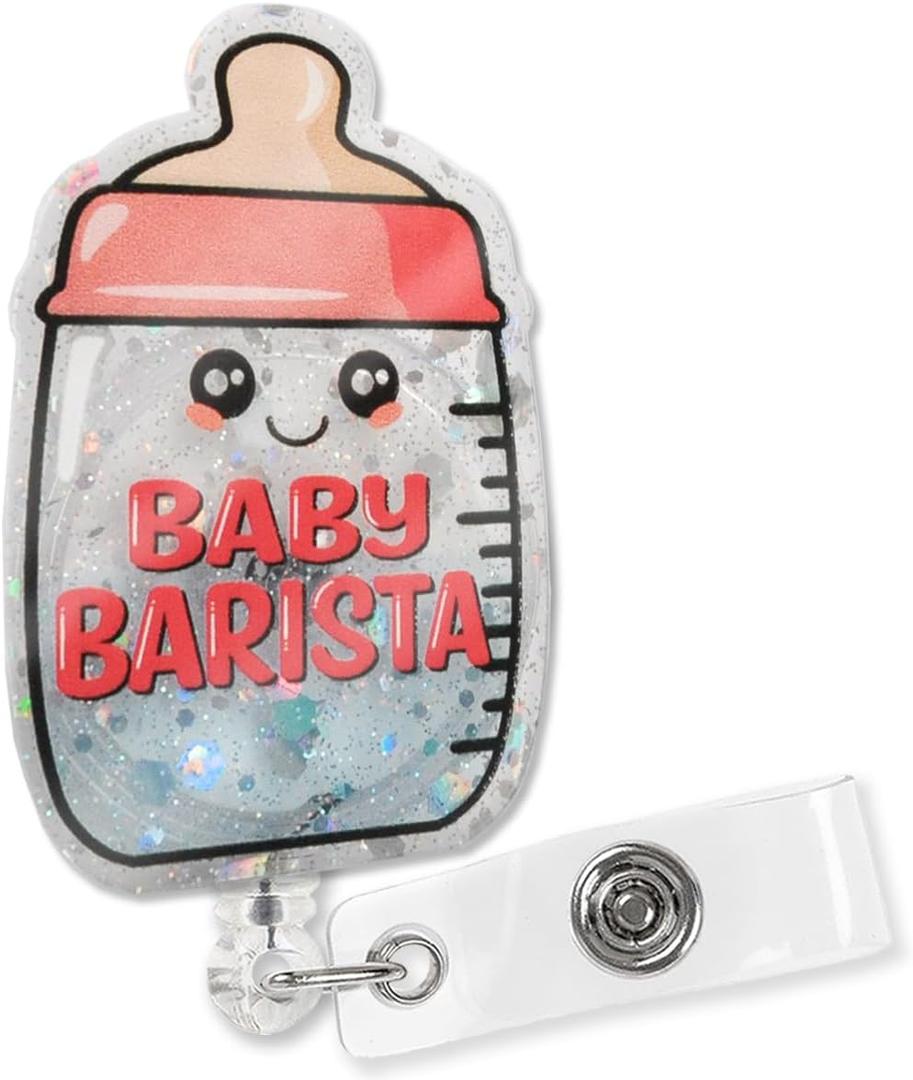 XQLZY Baby Barista Pink Glitter Badge Reel, Cute Bottle ID Tag Card Holder, Birthday Graduation Gift for Doctor, Nurse, Neonatology, NICU, Pediatric Nursing, Office RN MD