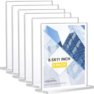 Hoewina Acrylic Sign Holder 8.5 x 11 Inch 6 Pack, Clear Display Sign Stand for Store Sign Holders, Vertical Double Acrylic Stands, Flyer Holder & Plastic Paper Holder