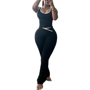 HBQ 2 Piece Sets For Women Summer Contrast Binding Backless Crop Tank Top and Flare Pants Lounge Sets Tracksuit, Size S
