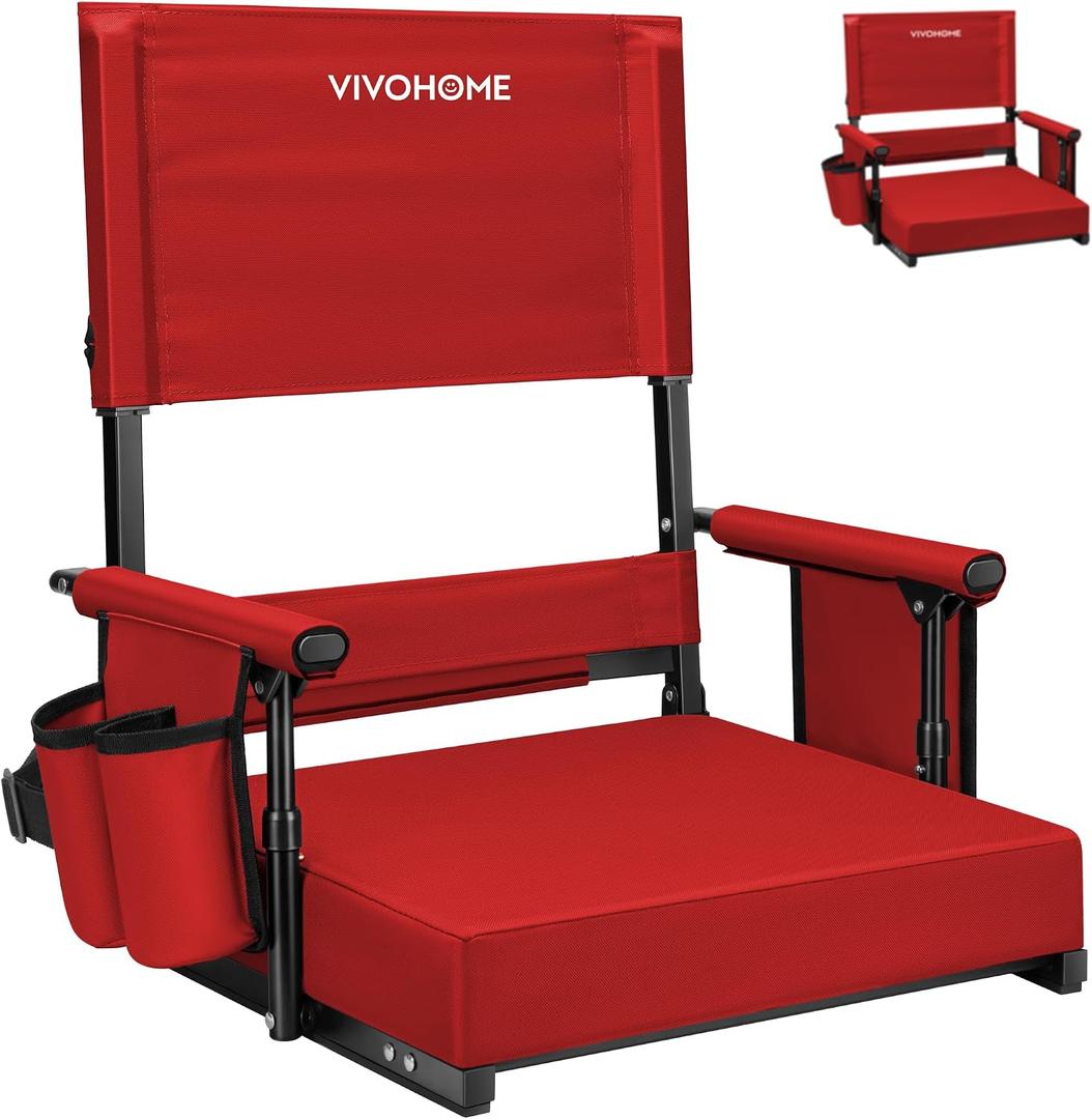 VIVOHOME Height Adjustable High Back Stadium Seat with Back Support and Cushion, Portable Bleacher Chair with Cup Holder and Shoulder Strap, Comfortable for Various Sports Events, Red