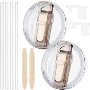 2 Pcs Spill Proof Tumbler Flip Straw Lid for Stanley Cup, 30 oz Leak Proof Lid for Stanley H2.0 Quencher ProTour, Replacement 30 oz, with Removable Nozzle (Cream+Cream)
