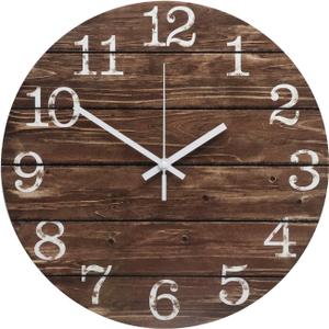 Wall Clock 12 Inch Imitation Wood Silent Non-Ticking Indoor Clock Round Brown Decor Clock Rustic Minimalist Battery Operated Wall Clocks for Farmhouse, Hotel, Bedroom, Living Room, Kitchen