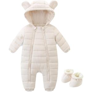 Newborn Baby Snowsuit Cute Bear Hoodie Infant Warm Rompers Unisex Double Zipper Jumpsuit Outwear (3-6 Months, White)