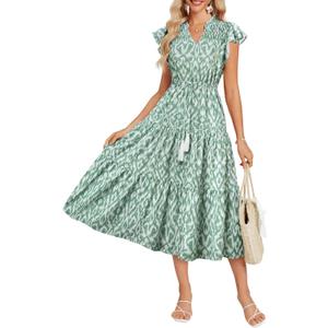 GRACE KARIN Womens Summer Floral Midi Dresses Short Sleeve Beach Wedding Guest Dress Drawstring Long Flowy Dress with Pockets (Large, Light Green and Whte Patern)