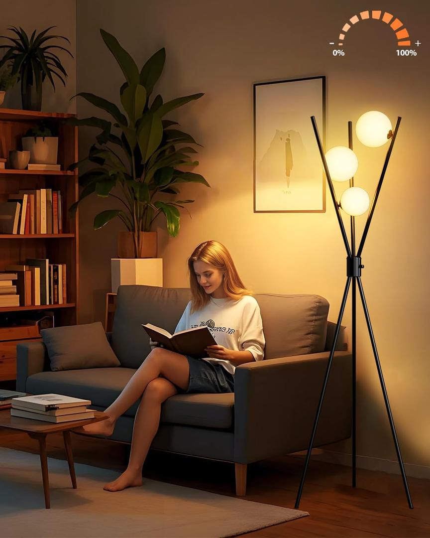 Lightdot 60IN Dimmable Black Tripod Floor Lamp Mid Century Standing Lamps with 3Pcs 3000K Bulbs Included Globe Eye Care&Stable Base Modern Tall Lamp for Living Room/Bedroom/Sofa Beside/Corner Decor