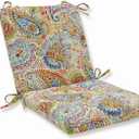 Pillow Perfect Paisley Indoor/Outdoor Solid Back 1 Piece Square Corner Chair Cushion with Ties, Deep Seat, Weather, and Fade Resistant, 36.5" x 18", Blue/Green Gilford,