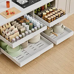 4 Pack Expandable Pull Out Cabinet Organizer, 21'' Deep Pull Out Drawers for Cabinet, Upgrade 3 Slide Rails Spice Rack Organizer, Sliding Drawers for Cabinet with Adhesive Nano Film (White)