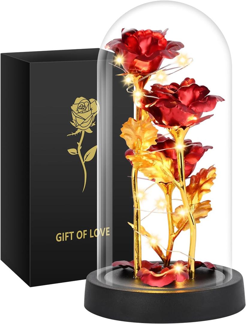 Mothers Day Mom Gifts for Women, Womens Gift for Birthday Gifts for Women Mom Wife Girlfriend, Light Up Rose in A Glass Dome, Rose Gifts for Valentines, Mothers Day, Womens Day (Red)