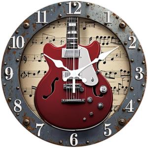 CHGCRAFT 3D Industrial Style Guitar Pattern Wall Clock 12 Inch Non-Ticking Clocks Round Sheet Music Pattern Wall Hanging Clock Battery Operated for Bedroom Living Room Kitchen Office