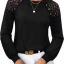 siliteelon Lace Long Sleeve Tops Dress Shirt Womens Crew Neck Loose Dressy Blouse Business Casual Work Summer 2026 Black (Black, M)