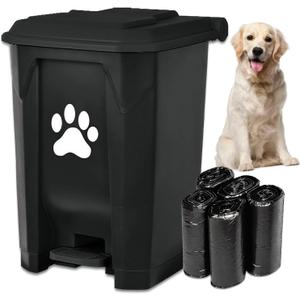 tebiete Dog Poop Trash Can Outdoors Pet Waste Station with Lid Dog Waste Disposal Container with Removable Inner Bin Bucket Hands-Free Pedal Garden Yard Home with 5Rolls Waste Bags, Black