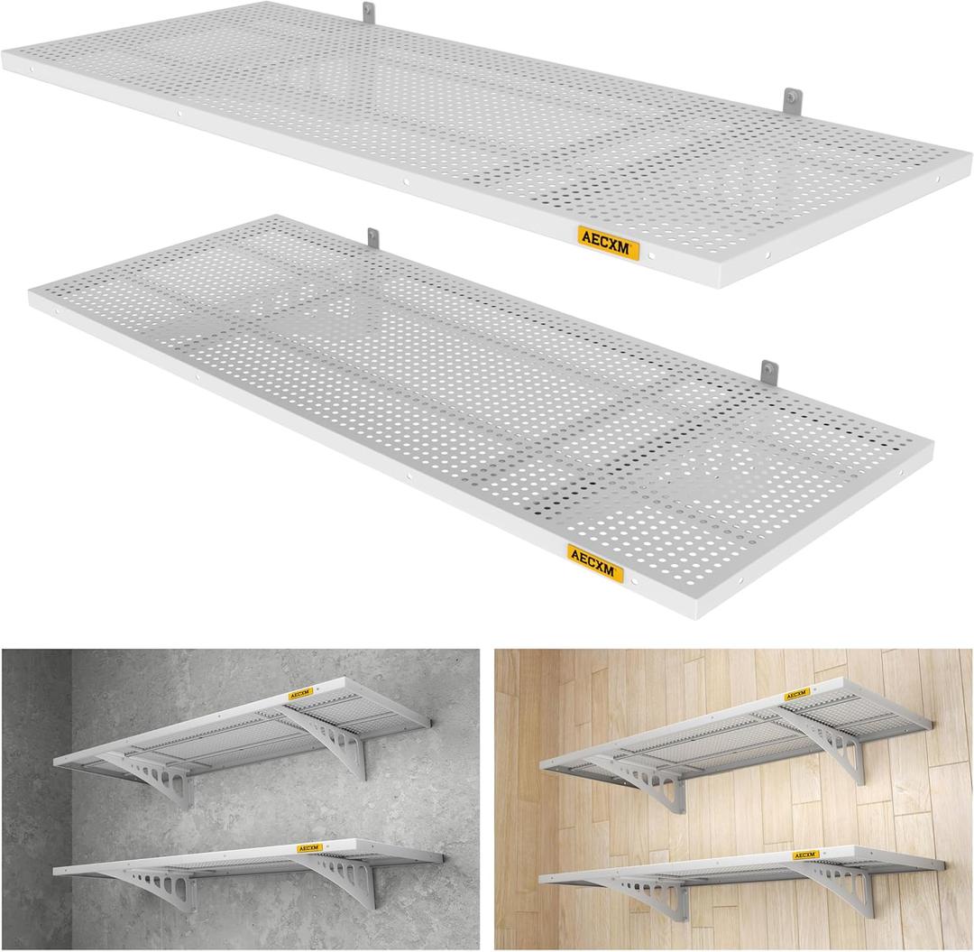 Aecxm 2-Pack 1.64x4ft Adjustable Garage Wall Shelving 560lbs Load Capacity Heavy Duty Wall Mounted Storage Shelf Metal Floating Shelves for Garage(White)