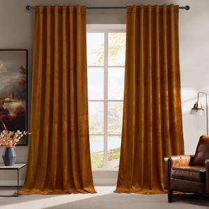 RYB HOME Plush Velvet Curtains, Heavy Duty Back Tab Decorative Window Drapes Privacy Room Darkening Covering for Living Room Playroom, Golden Oak, W52 x L90 inches, Set of 2 Panels