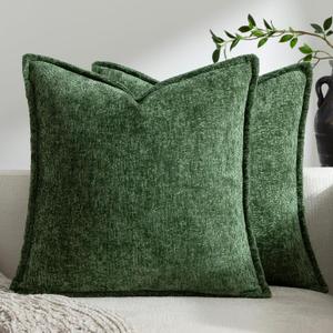 DEZENE Pack of 2 Forest Green Christmas Decorative Throw Pillow Covers 22x22 Cozy Soft Chenille Accent Vintage Square Couch Pillow Covers for Home Decor Bed Sofa Living Room