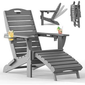 Folding Adirondack Chair with Retractable Ottoman, Weather Resistant Fire Pit Chair Patio Chair with 2 Cup Holder Lawn Outdoor Lounge Chair (Grey)