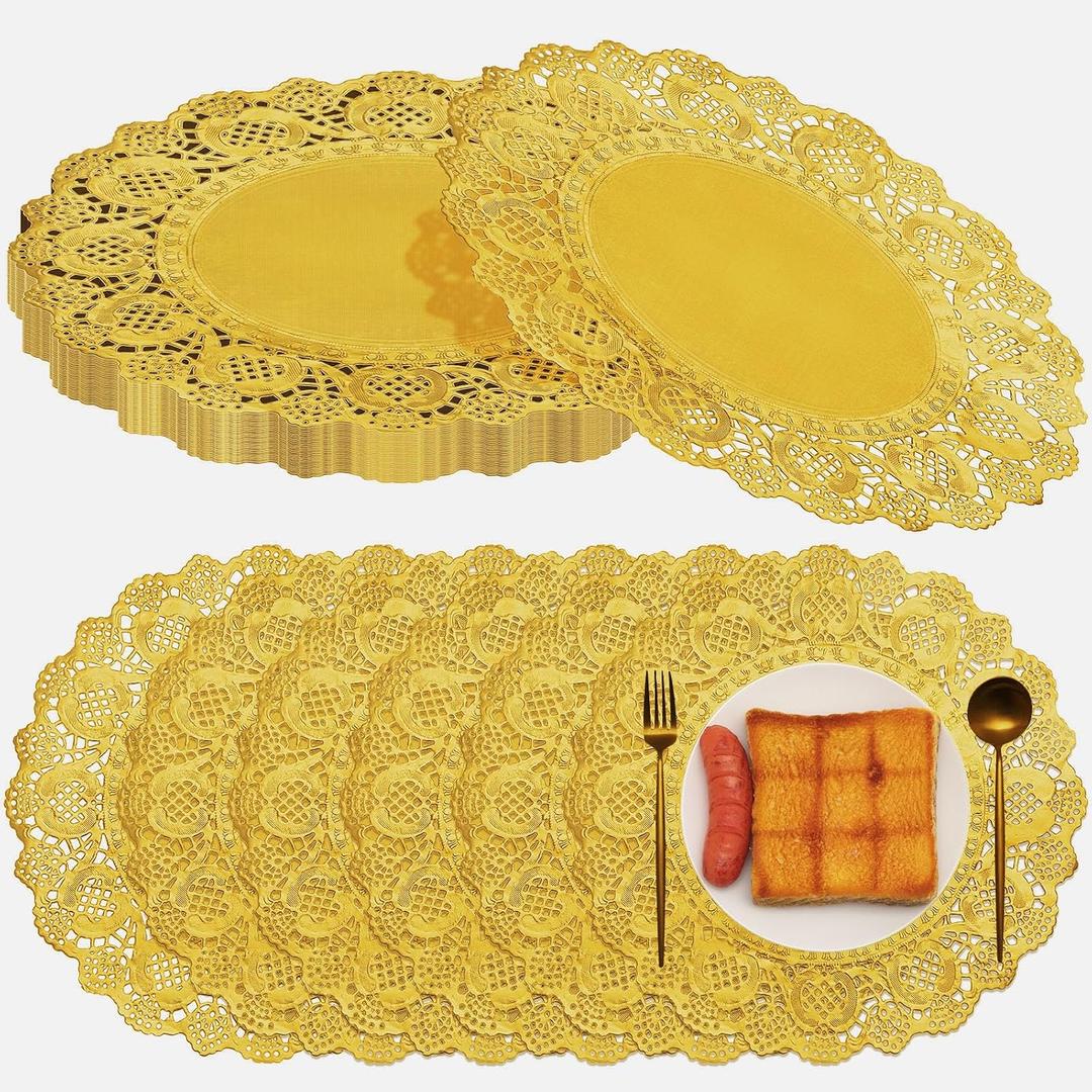 Gueevin 100 Pcs Gold Paper Placemats Disposable Lace Round Paper Placemats Decorative Disposable Placemat Doilies for Dining Wedding Table Decoration Festive Party Birthday Holiday (Gold,12 Inch)