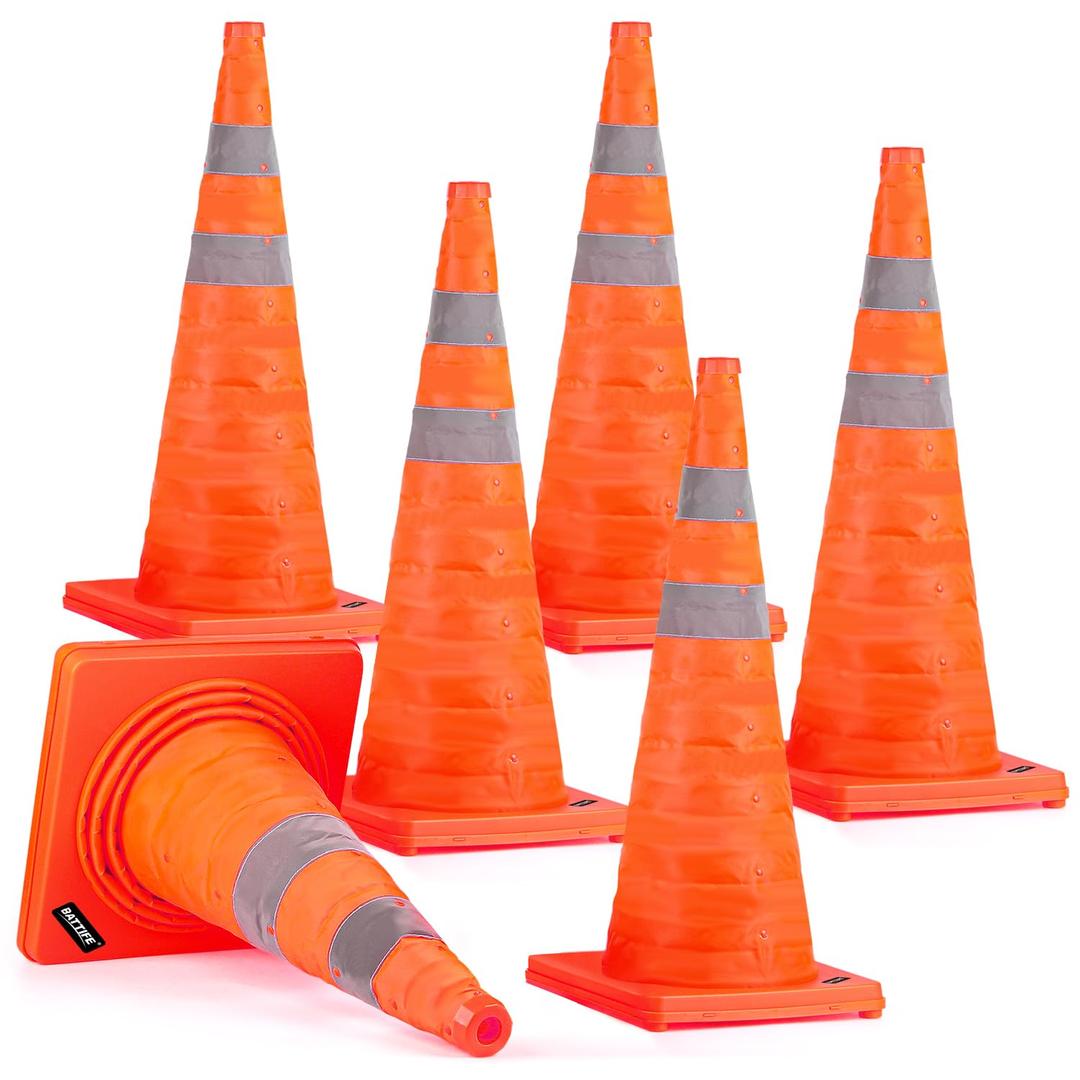 BATTIFE 6 Pack 28 Inch Collapsible Traffic Cones, Orange Safety Cones | Collapsible 28-in orange cones with reflective collar; portable for parking lots, driving practice, events, and storage.