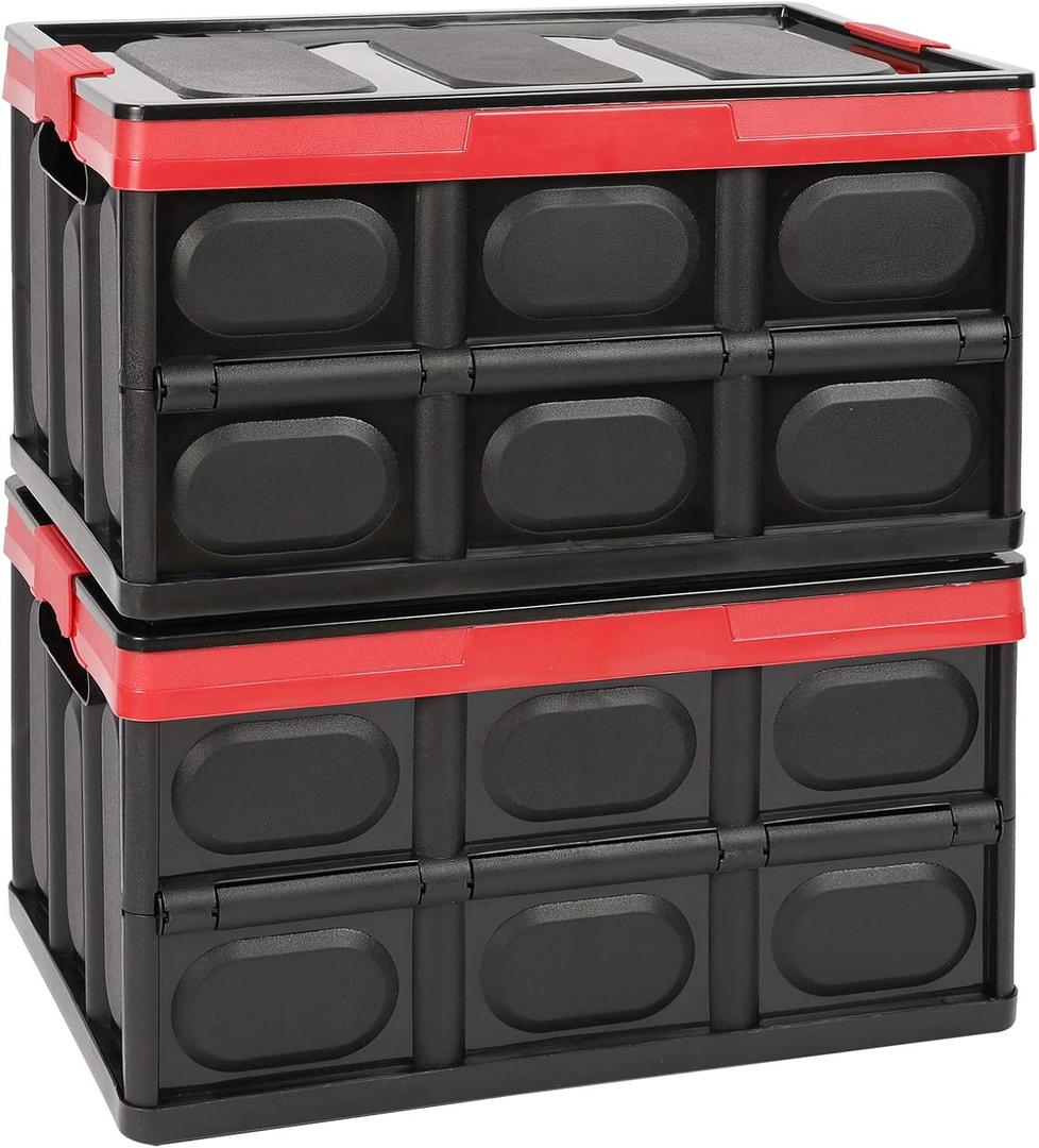 Lidded Storage Bins 2 Pack 30L Collapsible Storage Box Crates Plastic Tote Storage Box Container Stackable Folding Utility Crates for Clothes Books,Snack, Fruits Vegetables Grocery Storage Bin-Black