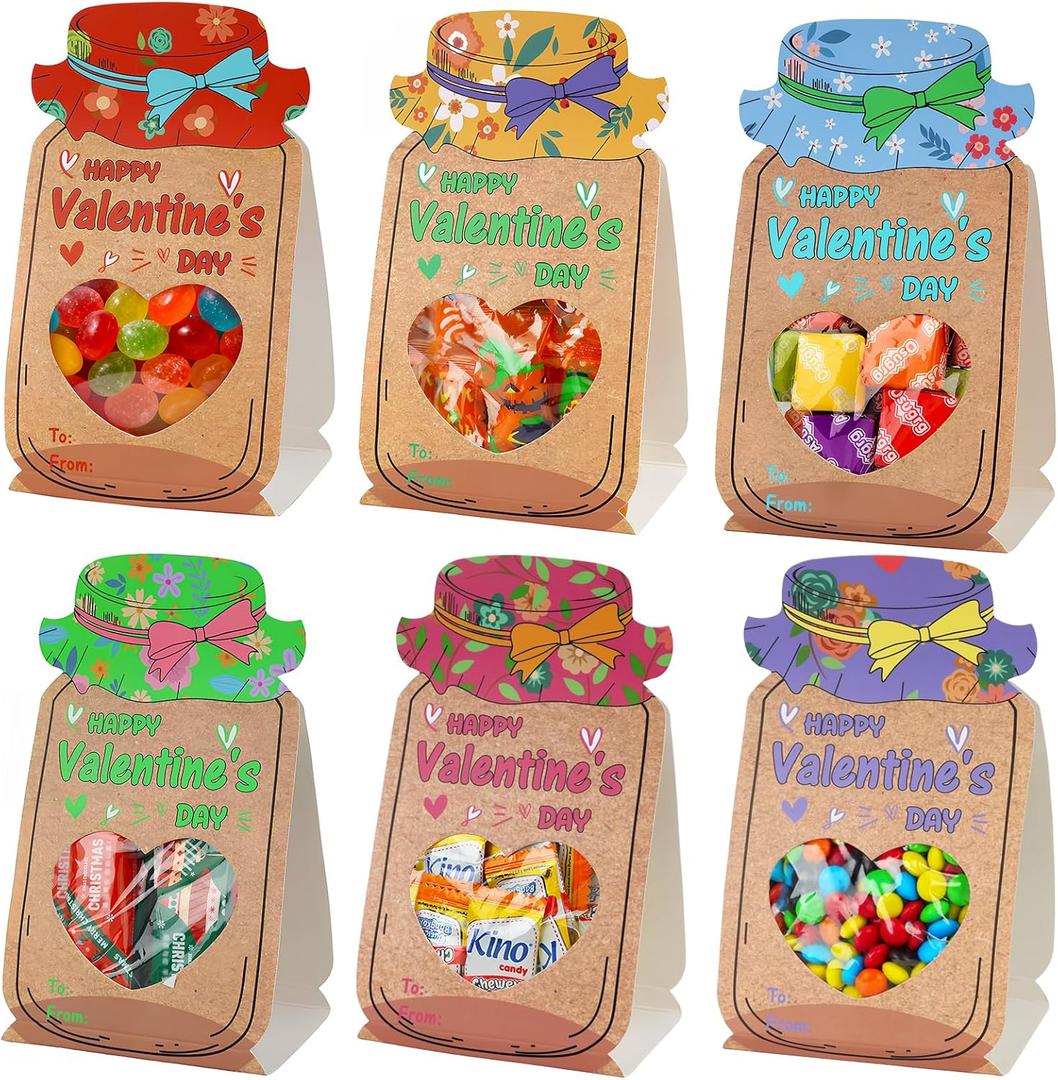 HRX Package 60 Pack Stand-Up Valentines Day Cards with Candy Bags, Upgraded Mason Jar Shaped Cards with Heart Window, Valentines Treat Bags for Personalized Gifts