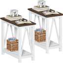 ChooChoo Farmhouse End Table Set of 2, Rustic Vintage Narrow End Side Table with Storage Shelf for Small Spaces, Nightstand Sofa Table for Living Room, Bedroom White