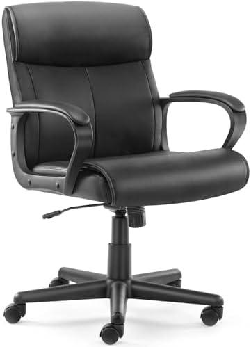DUMOS Ergonomic Executive Office Chair with Padded Armrests, Mid Back Lumbar Support, Adjustable Height & Tilt, PU Leather Swivel Desk Chair for Home Office, Black