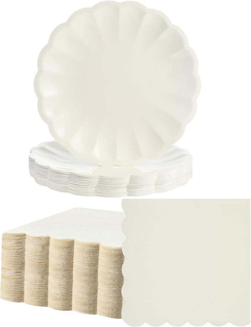 Newtay 100 Pcs Scalloped Paper Plates and Napkins Set Include 50 Pcs 9.5 Inch Large Scalloped Plates 50 Disposable Napkins 5 x 5 Inch for Birthday Dinner Wedding Picnic Party Supplies (Cream Color)