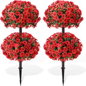 Daifunli 28 Inch Set of 2 Artificial Flowers Topiary Tree Double Ball Boxwood with Spikes for Outdoor UV Resistant Faux Shrubs, Realistic Fake Bushes for Garden Front Porch Patio Decor(Red)