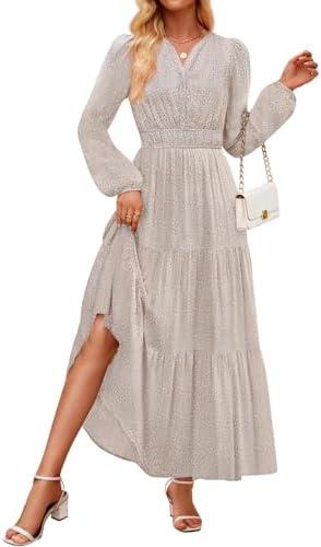ZESICA Fall Dresses for Women 2026 Long Sleeve Boho Floral V Neck Empire Waist A Line Casual Flowy Wedding Guest Maxi Dress Size L