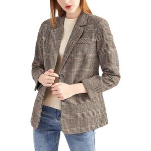 ebossy Women's Notch Lapel 2 Button Boyfriend Blazer Suit Houndstooth Plaid Jacket Coat (Small, Mocha)