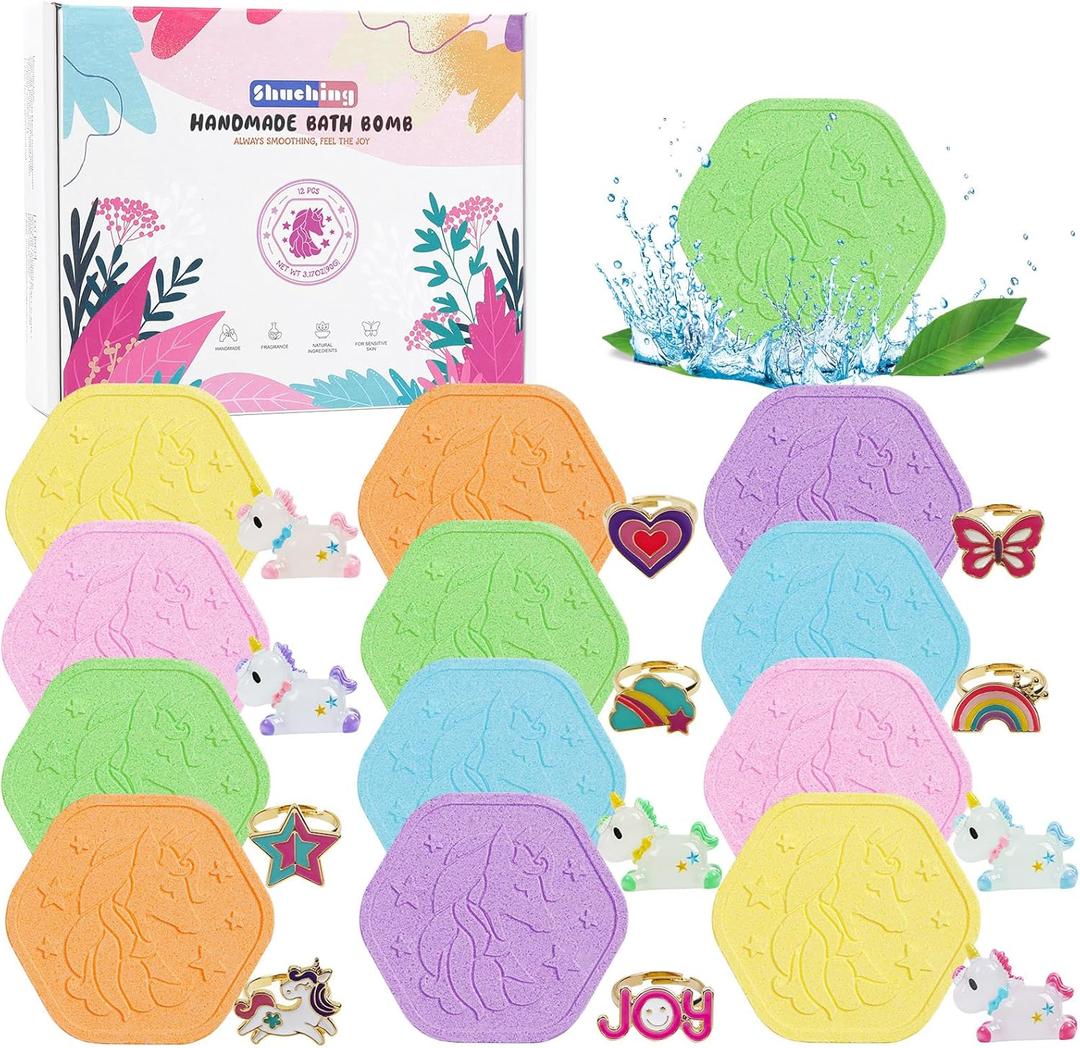 12 XL Colorful Unicorn Bath Bombs for Girls 3 4 5 6 7 8 9 Years, Kids Bath Bombs with Surprise Toys Inside, Birthday Halloween Christmas Gifts Set for Children