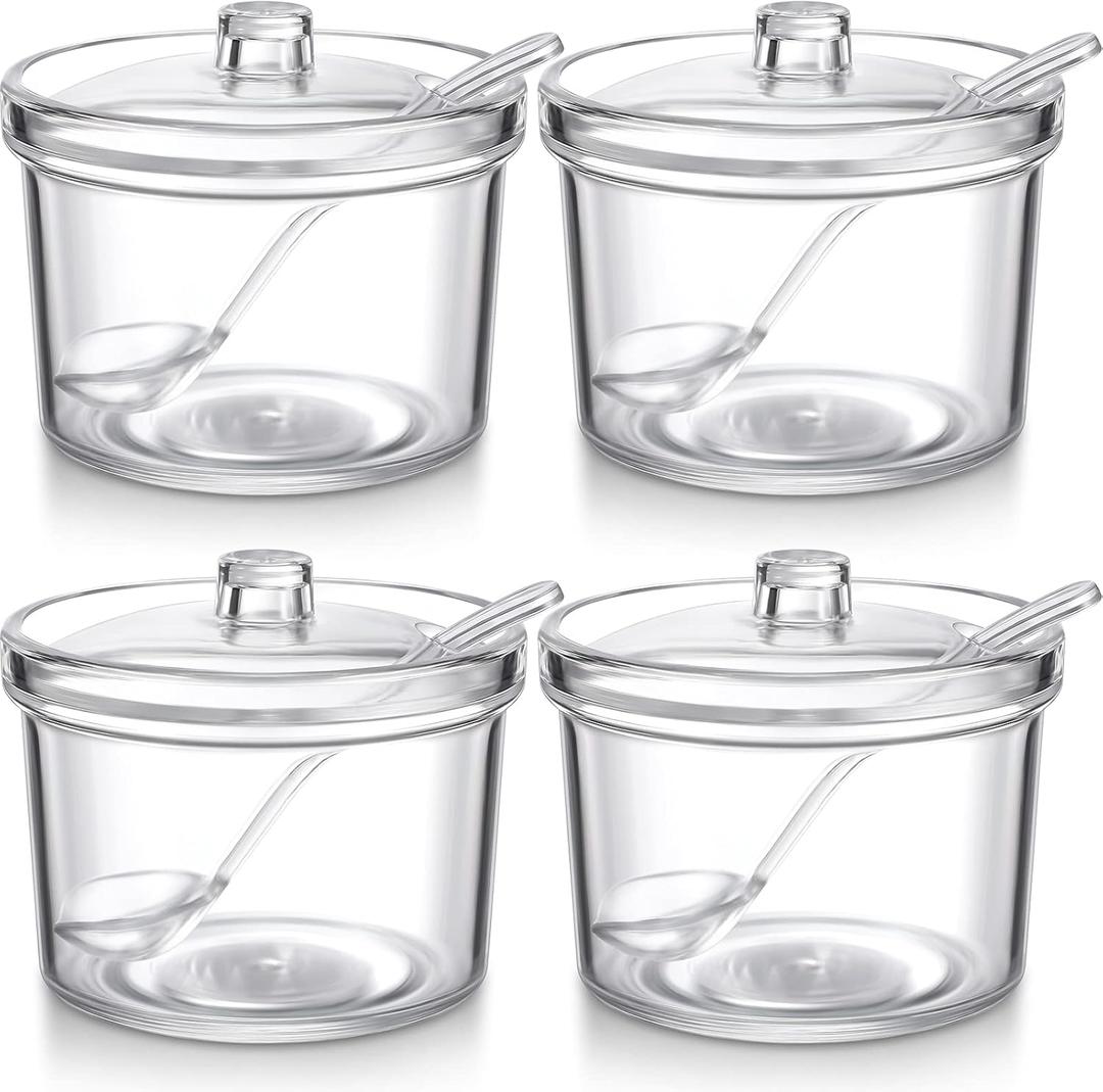 Patelai 4 Pieces Sugar Bowl Acrylic Clear Sugar Bowl with Lid and Salt Spoon Storage Jar with Airtight Lid for Salt, Tea, Spices, Herbs, Condiments(7.1 oz)