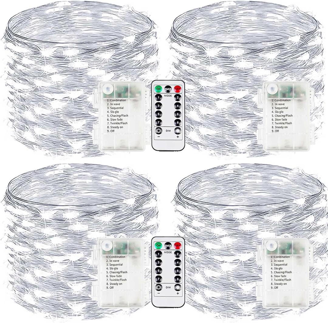 4-Pack Fairy Lights Battery Operated with Remote, Waterproof 33FT 100 LED Battery String Lights Outdoor Indoor, 8 Modes Twinkle Lights with Timer for DIY Home Centerpiece Christmas Decor (Cool White)