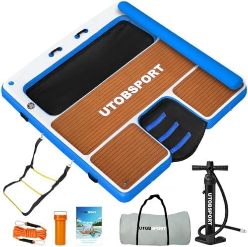 UTOBSPORT Inflatable Floating Dock Rafts with Dog Ramp, Wood Grain Non-Slip Surface with Backrest, Floating Platform Suitable for Pool, Ocean, Lakes