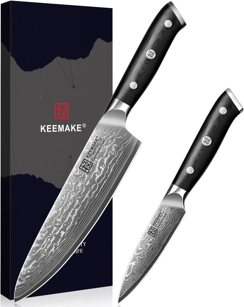 KEEMAKE Damascus Kitchen Knife Set 2 PCS, Ultra Sharp 67 Layer Damascus Steel Chef Knife and Paring Knife, Knives Set for Kitchen with G10 Non-slip Handle for Meat Vegetable Fruit KEEMAKE Damascus Kitchen Knife Set 2 PCS, Ultra Sharp 67 Layer Damascus Steel Chef Knife and Paring Knife, Knives Set for Kitchen with G10 Non-slip Handle for Meat Vegetable Fruit
