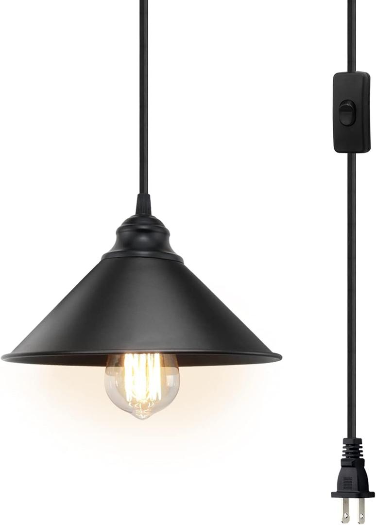 Plug in Pendant Light, Industrial Hanging Light with Plugin Cord On/Off Switch, Farmhouse Pendant Lights with Plug-in Cord, Vintage PendantLight Fixture, Hanging Lamps (Black)